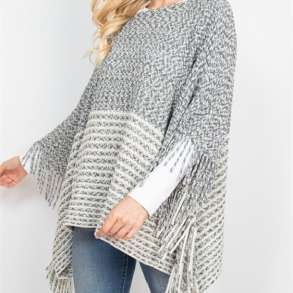 Contemporary Fringe Detailed Poncho Sweater top - Picture 1 of 6